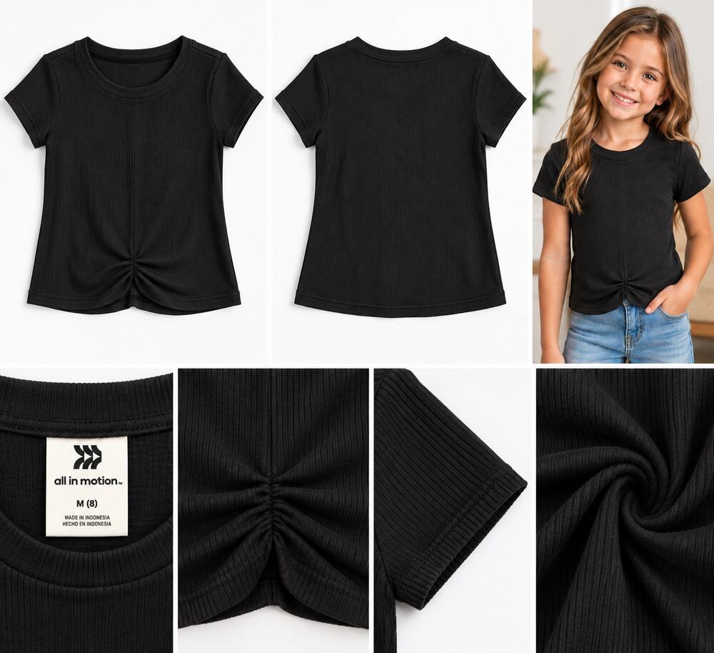 All in Motion Girls’ Black Ribbed Ruched T-Shirt – Size 8